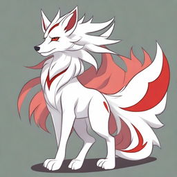 A detailed full-body drawing of a male white Ninetails furry character with red accents