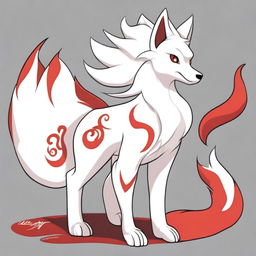 A detailed full-body drawing of a male white Ninetails furry character with red accents