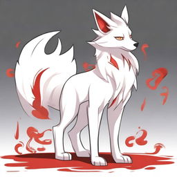 A detailed full-body drawing of a male white Ninetails furry character with red accents