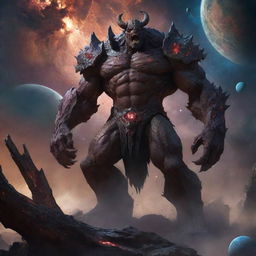 A colossal warrior named Rufganor, infamous as a devourer of worlds, standing amidst a cosmic landscape with planets crumbling in his mighty grip.