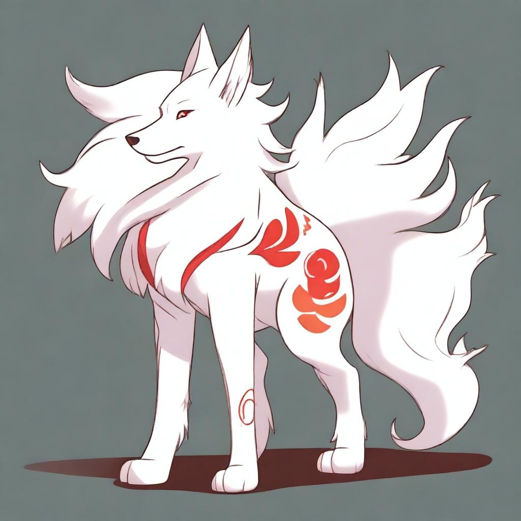 A detailed full-body drawing of a male white Ninetails furry character with red accents