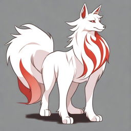 A detailed full-body drawing of a male white Ninetails furry character with red accents