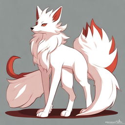 A detailed full-body drawing of a male white Ninetails furry character with red accents