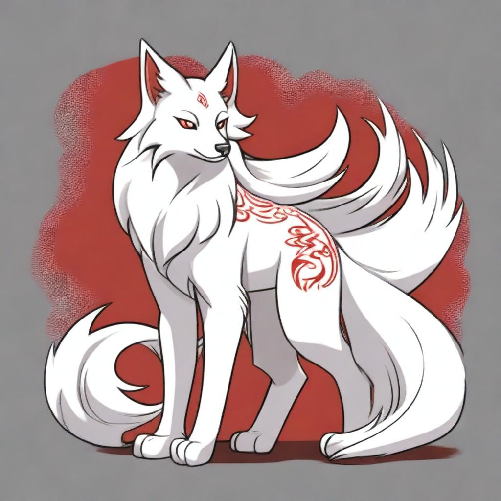 A detailed full-body drawing of a male white Ninetails furry character with red accents