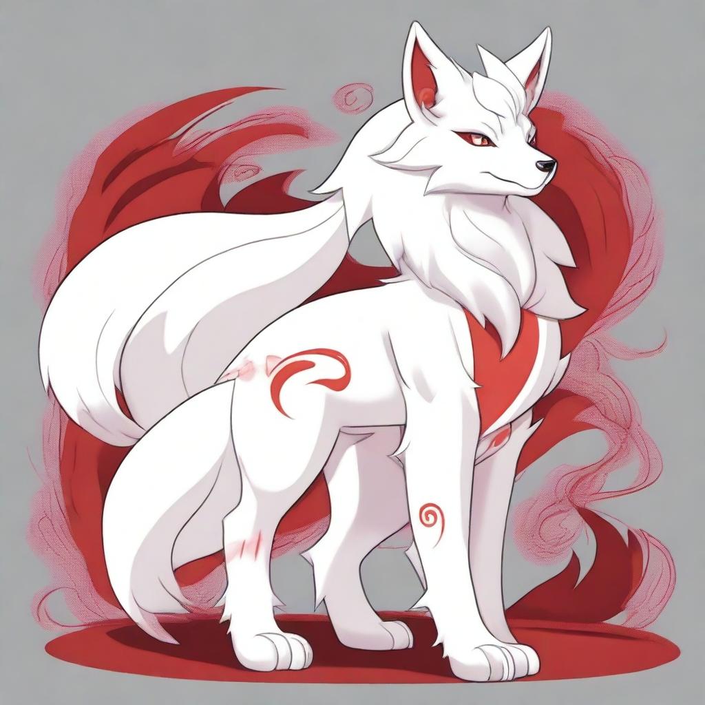 A detailed full-body drawing of a male white Ninetails furry character with red accents, standing on two legs