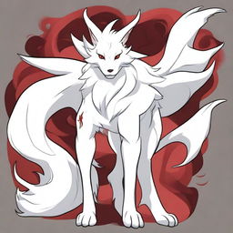 A detailed full-body drawing of a male white Ninetails furry character with red accents, standing on two legs