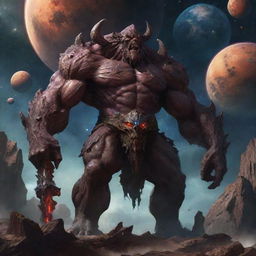 A colossal warrior named Rufganor, infamous as a devourer of worlds, standing amidst a cosmic landscape with planets crumbling in his mighty grip.