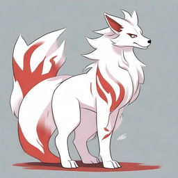 A detailed full-body drawing of a male white Ninetails furry character with red accents, standing on two legs