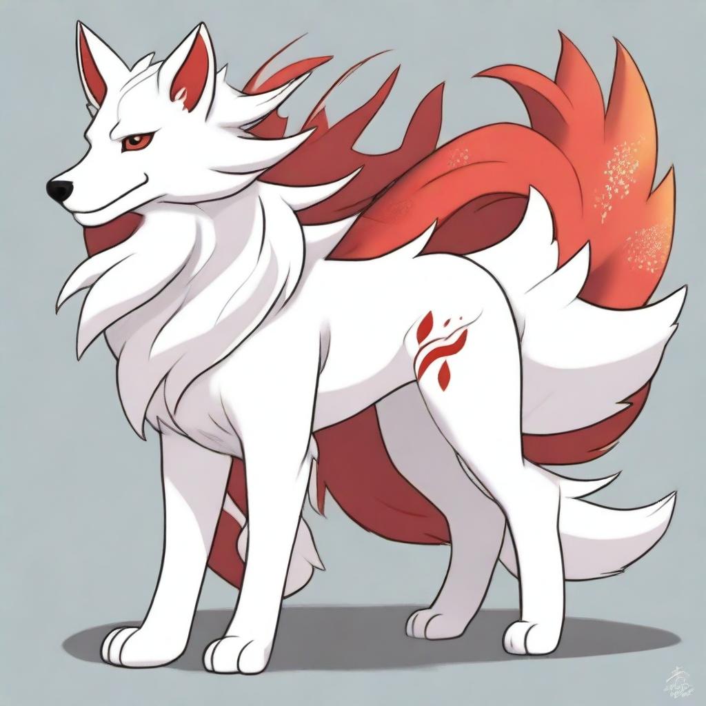 A detailed full-body drawing of a male white Ninetails furry character with red accents, standing on two legs