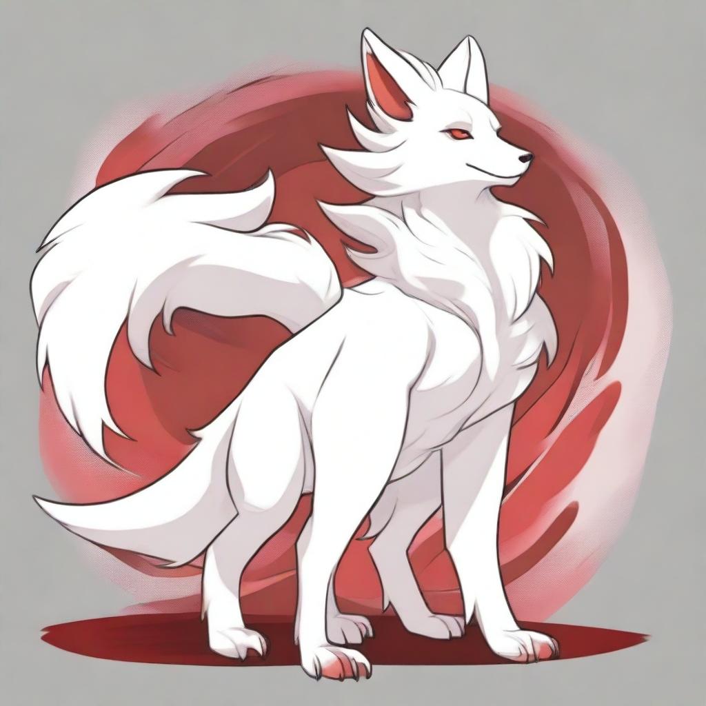 A detailed full-body drawing of a male white Ninetails furry character with red accents, standing on two legs