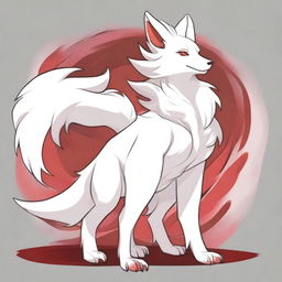 A detailed full-body drawing of a male white Ninetails furry character with red accents, standing on two legs