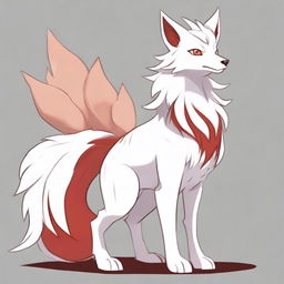 A detailed full-body drawing of a male white Ninetails furry character with red accents, standing on two legs