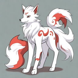 A detailed full-body drawing of a male white Ninetails furry character with red accents, standing on two legs