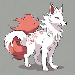 A detailed full-body drawing of a male white Ninetails furry character with red accents, standing on two legs