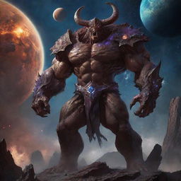 A colossal warrior named Rufganor, infamous as a devourer of worlds, standing amidst a cosmic landscape with planets crumbling in his mighty grip.