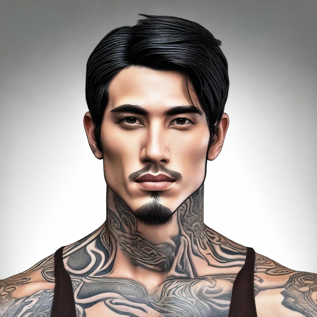 A 3D colored drawing of a handsome man with black hair, brown eyes, and a small tattoo