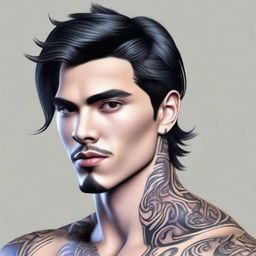 A 3D colored drawing of a handsome man with black hair, brown eyes, and a small tattoo