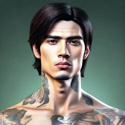 A 3D colored drawing of a handsome man with black hair, brown eyes, and a small tattoo