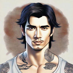 A 3D colored drawing of a handsome man with black hair, brown eyes, and a small tattoo