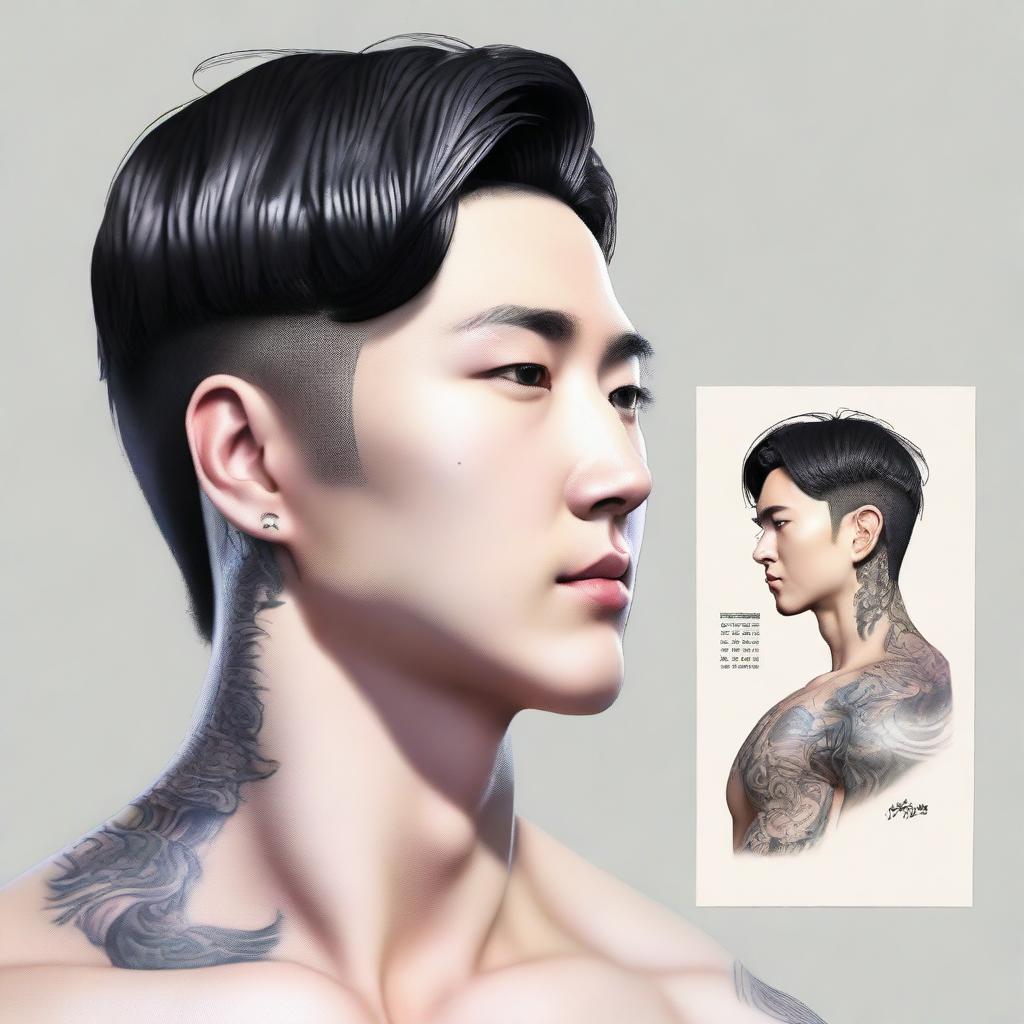 A 3D colored drawing of a handsome Korean man with black hair, brown eyes, and a small tattoo