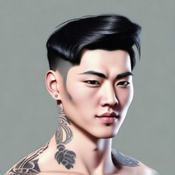 A 3D colored drawing of a handsome Korean man with black hair, brown eyes, and a small tattoo