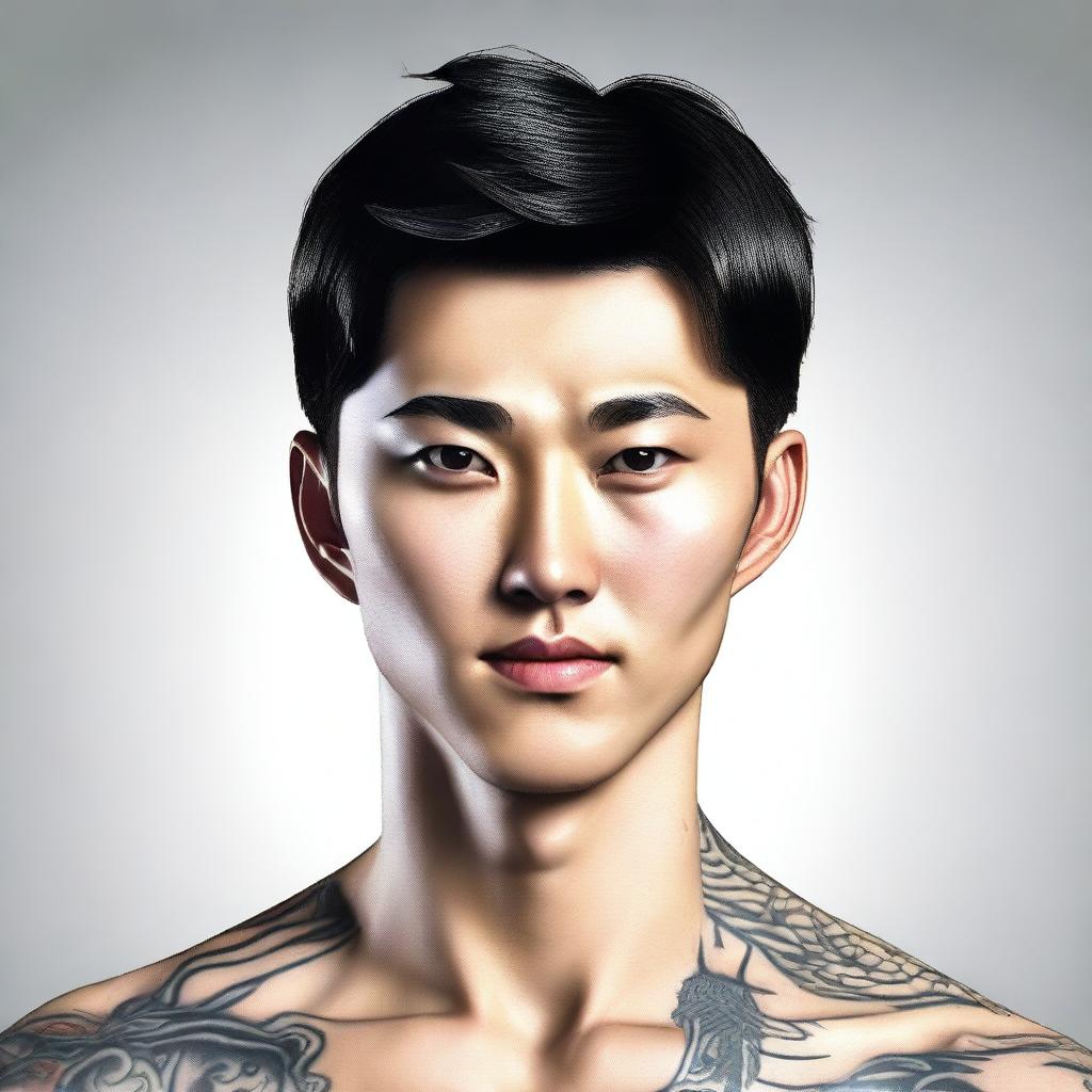 A 3D colored drawing of a handsome Korean man with black hair, brown eyes, and a small tattoo