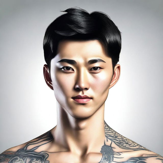 A 3D colored drawing of a handsome Korean man with black hair, brown eyes, and a small tattoo