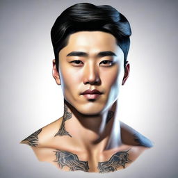 A 3D colored drawing of a handsome Korean man with black hair, brown eyes, and a small tattoo