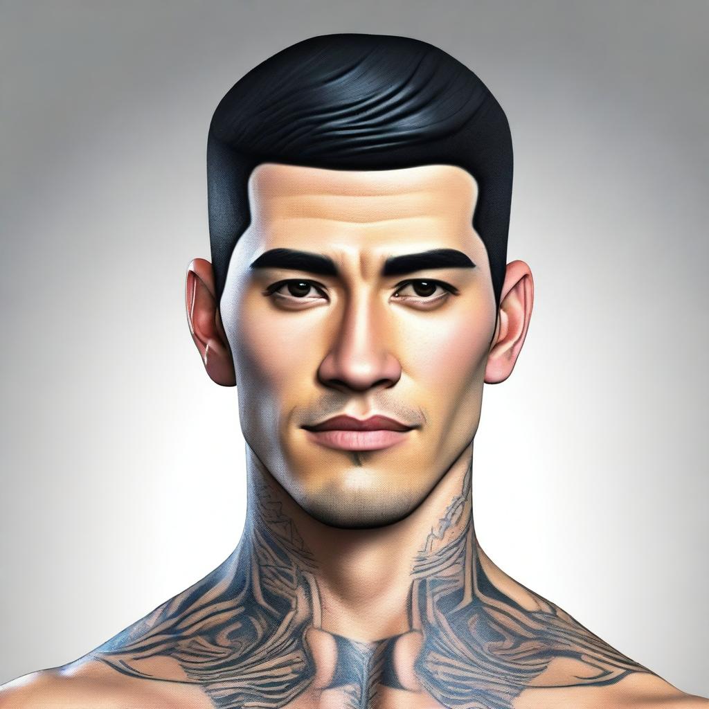 A 3D colored drawing of a handsome American man with black hair, brown eyes, and a small tattoo