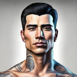 A 3D colored drawing of a handsome American man with black hair, brown eyes, and a small tattoo