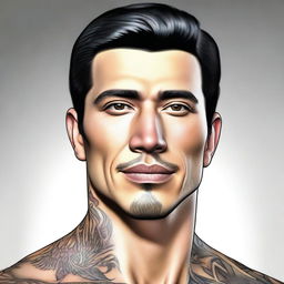 A 3D colored drawing of a handsome American man with black hair, brown eyes, and a small tattoo