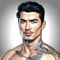 A 3D colored drawing of a handsome American man with black hair, brown eyes, and a small tattoo