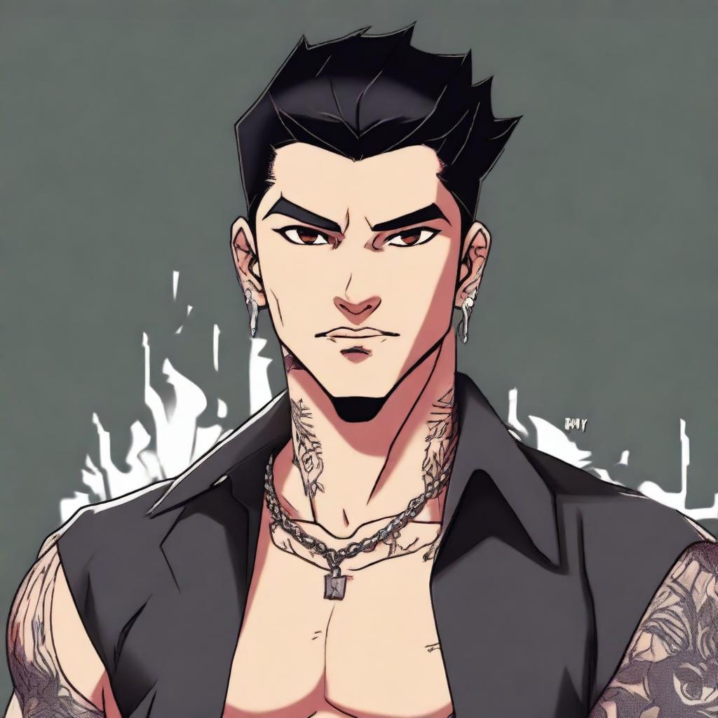 A portrait of a bad boy with slicked-back black hair, brown eyes, and visible tattoos