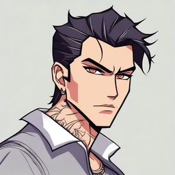 A portrait of a bad boy with slicked-back black hair, brown eyes, and visible tattoos