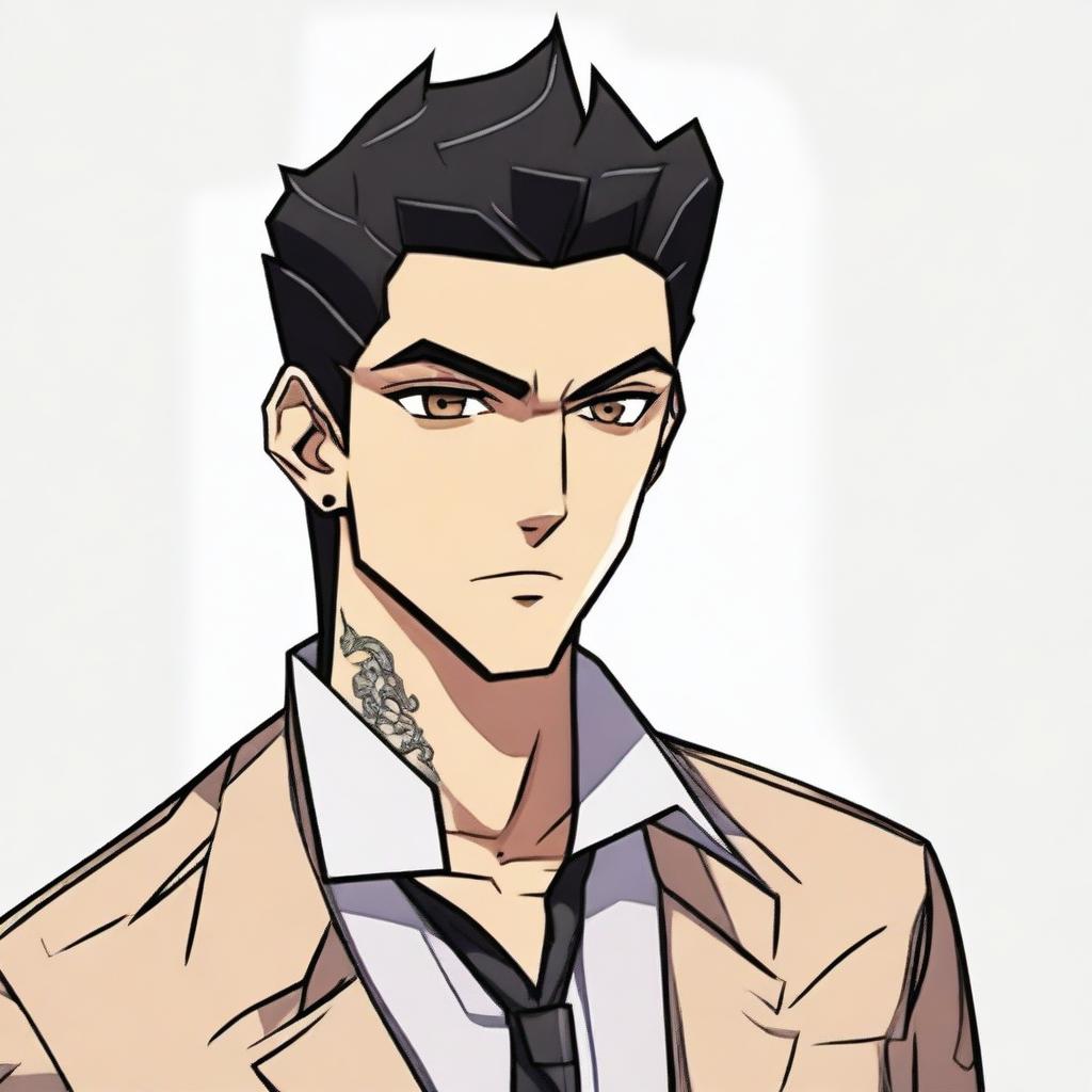 A bad boy with slicked-back black hair, light brown eyes, and a small tattoo