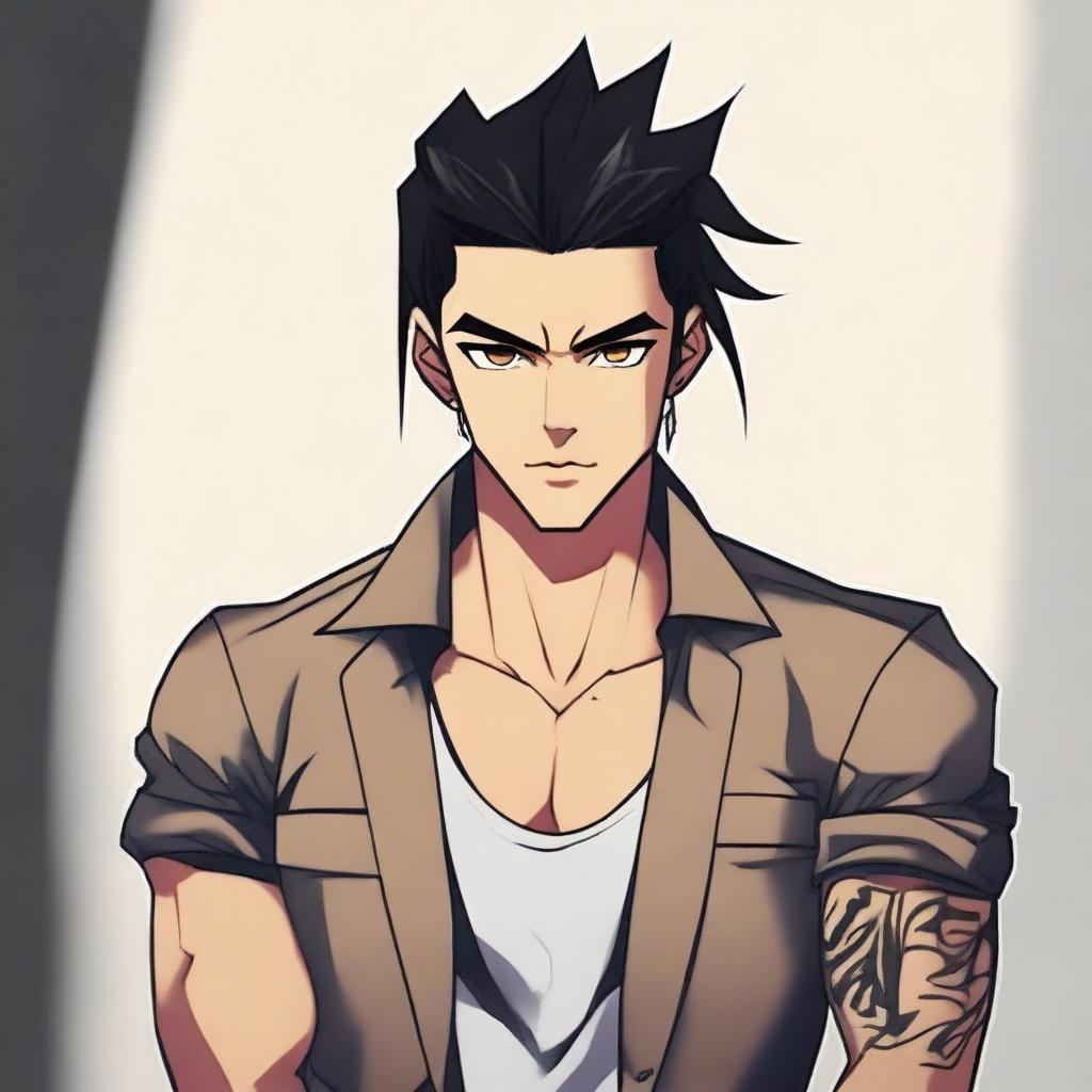 A bad boy with slicked-back black hair, light brown eyes, and a small tattoo