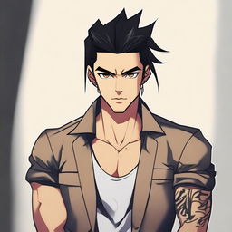 A bad boy with slicked-back black hair, light brown eyes, and a small tattoo