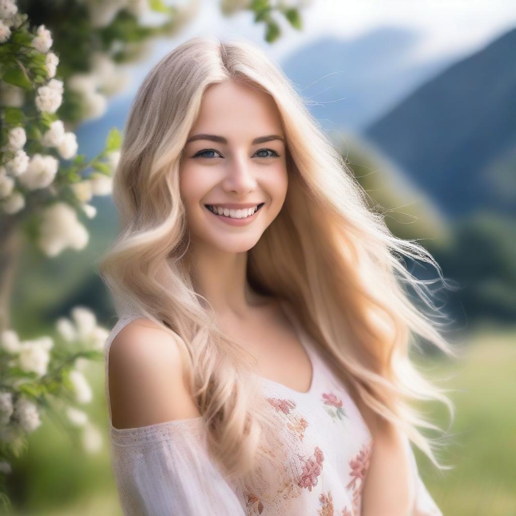 A beautiful blonde girl with long flowing hair, smiling warmly