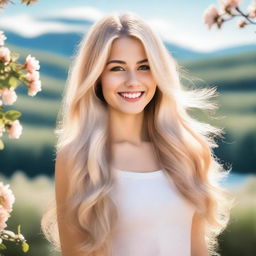 A beautiful blonde girl with long flowing hair, smiling warmly