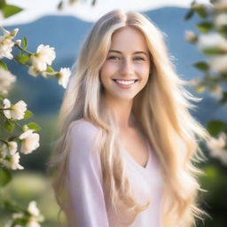 A beautiful blonde girl with long flowing hair, smiling warmly