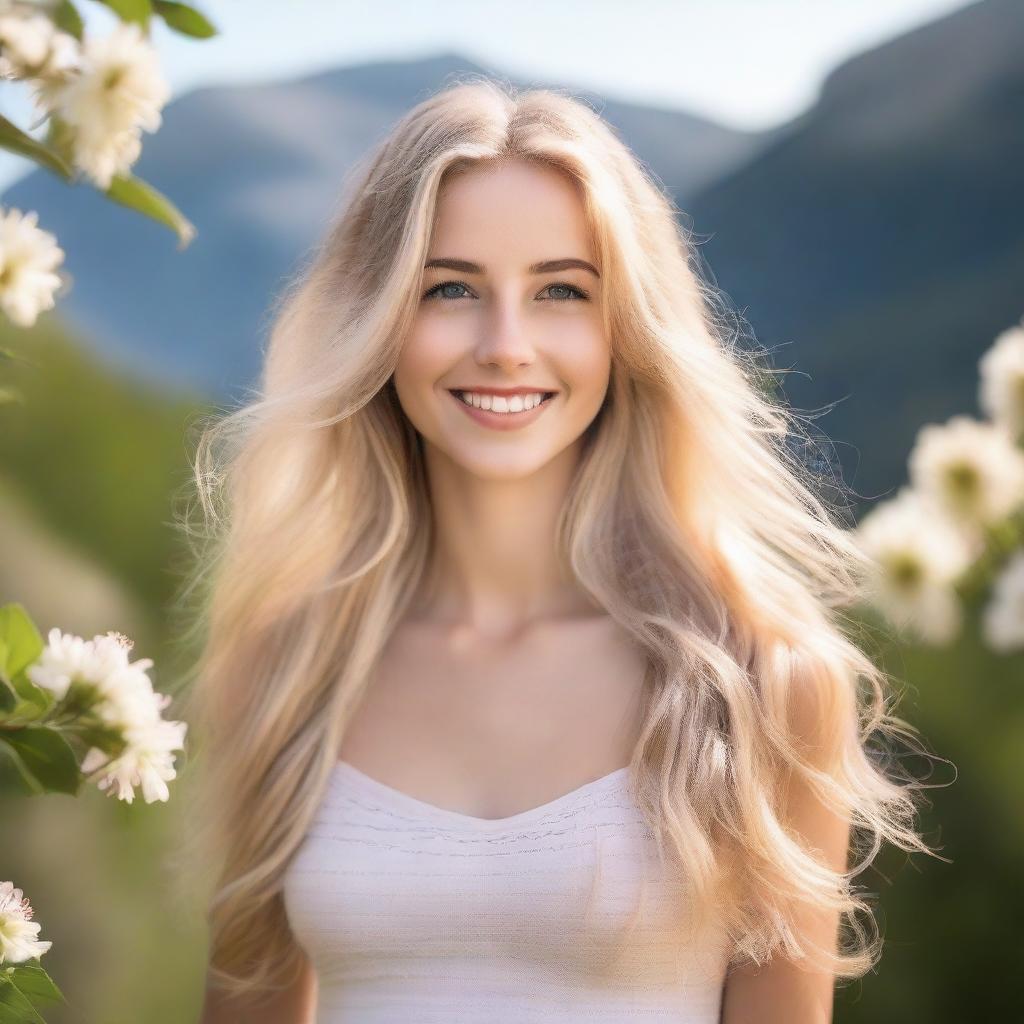 A beautiful blonde girl with long flowing hair, smiling warmly