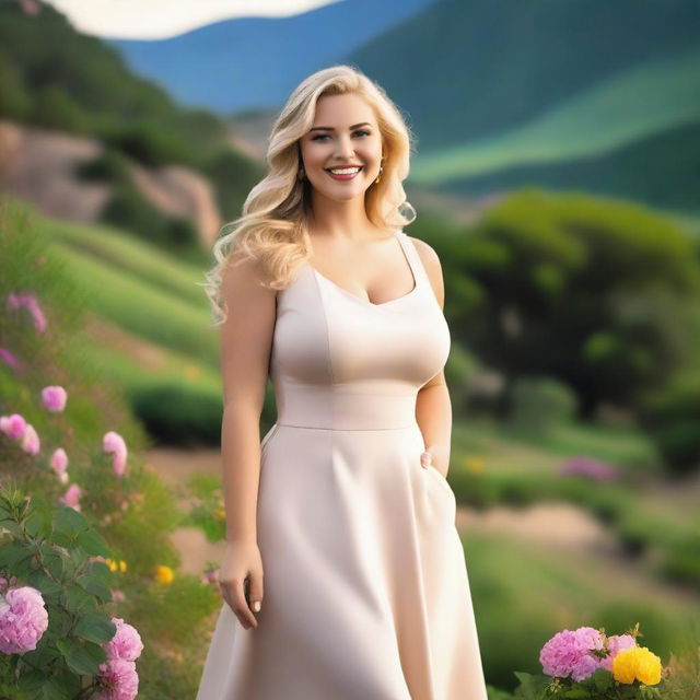 A beautiful blonde woman with large curves, exuding confidence and grace