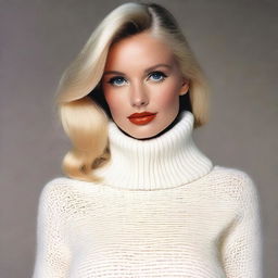 A sexy blond playboy model wearing a white turtleneck sweater