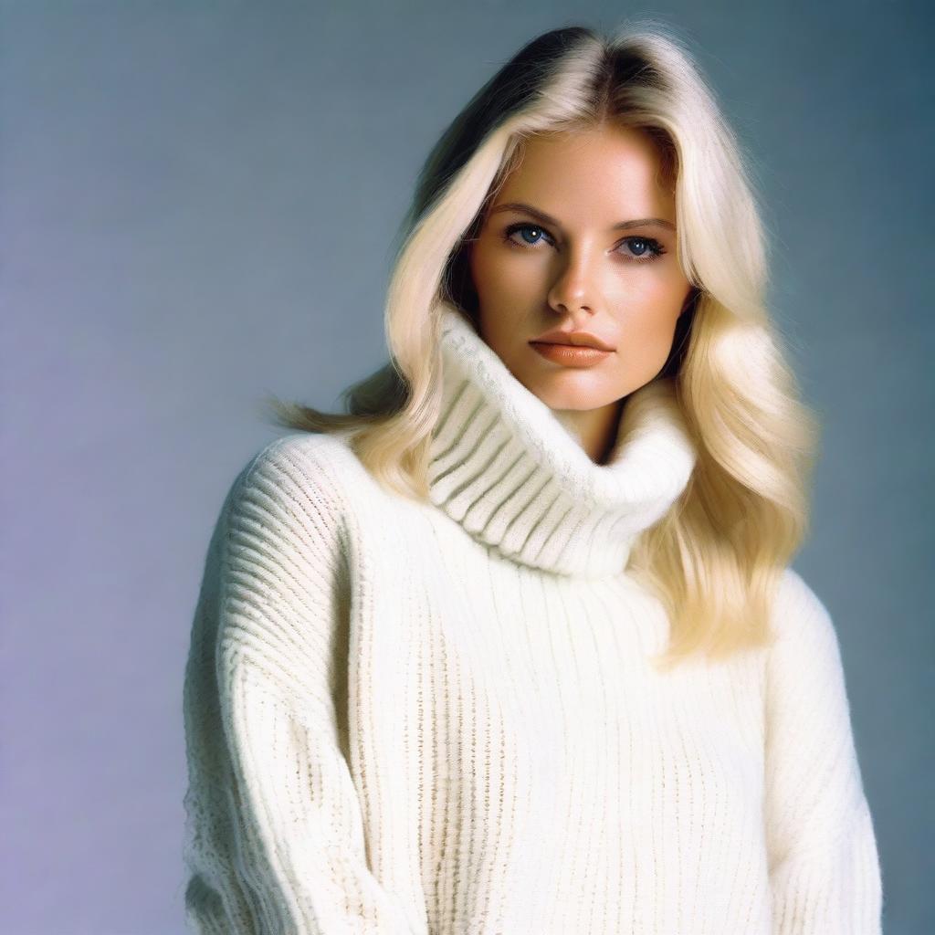 A sexy blond playboy model wearing a white turtleneck sweater