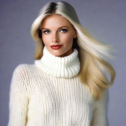 A sexy blond playboy model wearing a white turtleneck sweater