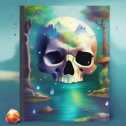 Create a cover for a short story collection featuring a detailed skull, a treasure map, colorful crystals, a serene river, an enchanting magical forest, and shards of glass