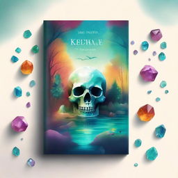 Create a cover for a short story collection featuring a detailed skull, a treasure map, colorful crystals, a serene river, an enchanting magical forest, and shards of glass