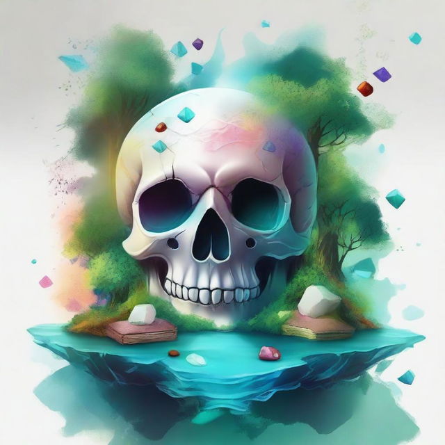 Create a cover for a short story collection featuring a detailed skull, a treasure map, colorful crystals, a serene river, an enchanting magical forest, and shards of glass