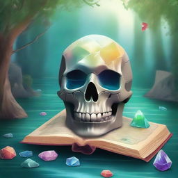 Create a cover for a short story collection featuring a detailed skull, a treasure map, colorful crystals, a serene river, an enchanting magical forest, and shards of glass