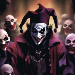 A sinister jester with a blood-stained outfit, surrounded by a gang of menacing characters